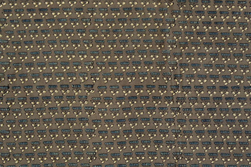 Khaki Ajrakh Hand Block Printed Cotton Fabric