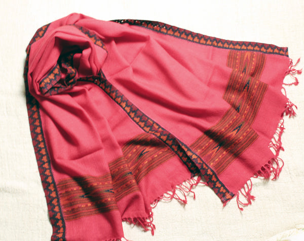 Fuscia Pink Woollen Handloom Kinnauri Stole with Geometric Border
