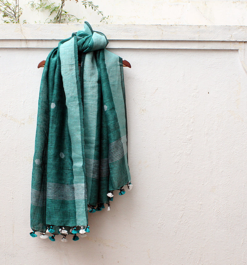 Green and Black Dual Toned Handloom Linen Jamdani Dupatta with Zari Border