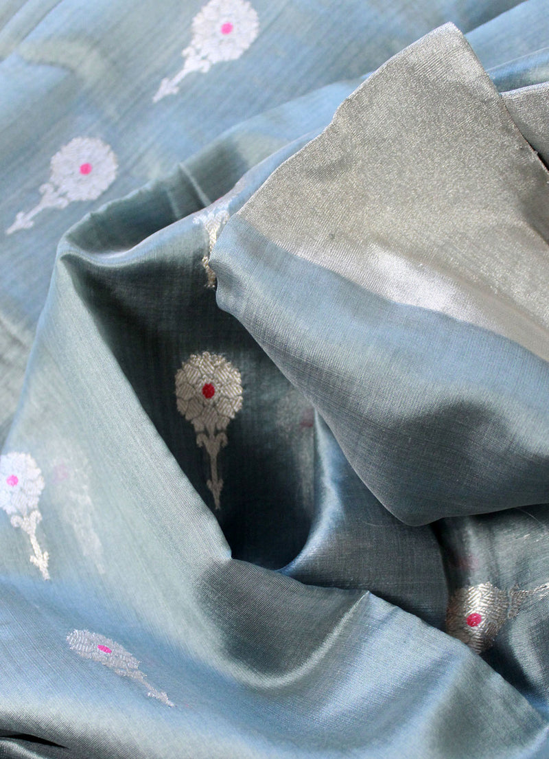 Grey Chanderi Handloom Silk Saree With Blouse Piece