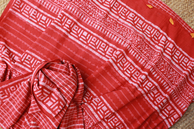 Red Bagru Dabu Hand Block Printed Mul Cotton Saree