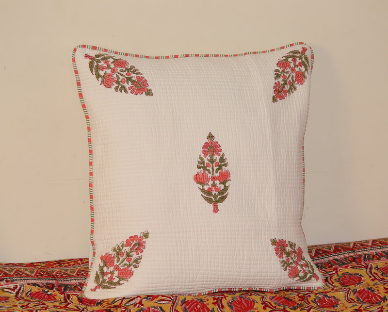 White Pure Cotton Hand Block Printed Quilted Cushion Cover (16 x 16 inches)