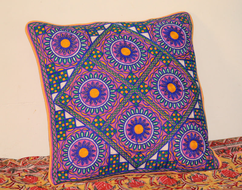 Pink Weaves of Tradition Pure Cotton Kutchi Hand Embroidered Cushion Cover (16 x 16 inches)