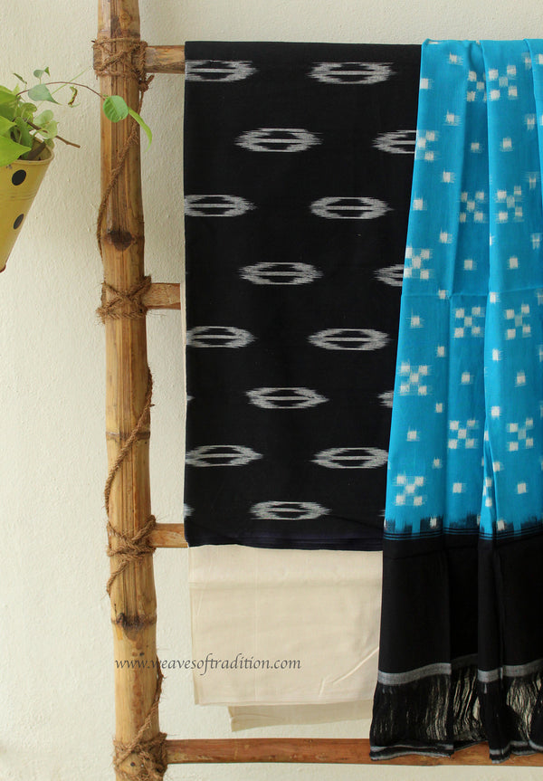 Blue and Black Ikkat Handloom Dress Material With Double Ikkat Cotton Dupatta