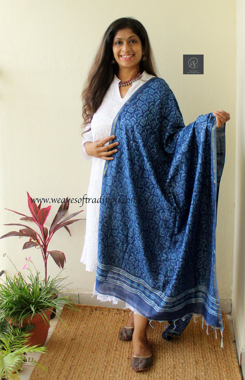 Indigo Dabu Printed Handloom Cotton Silk Dupatta