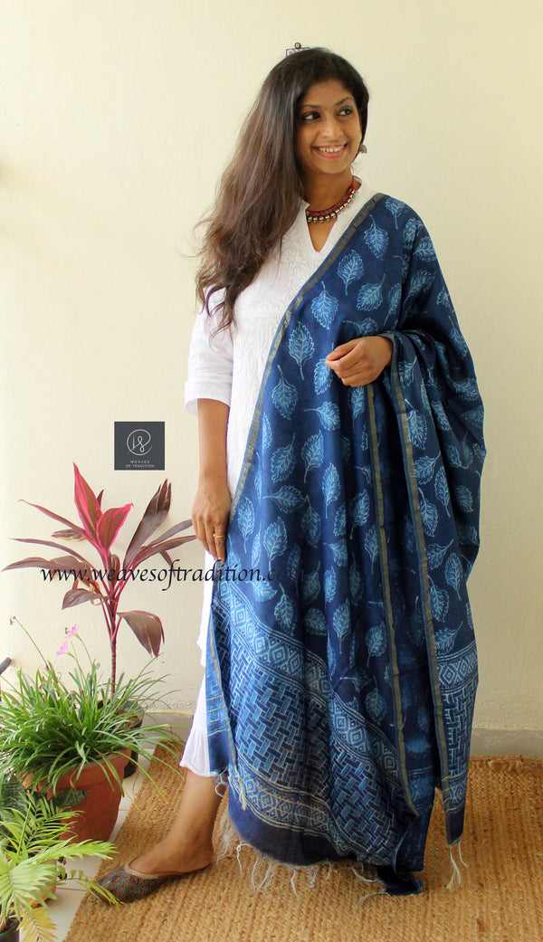 Indigo Dabu Printed Handloom Cotton Silk Dupatta