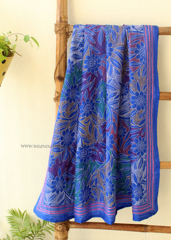 Blue Reverse Kantha Embroidered Silk Dupatta