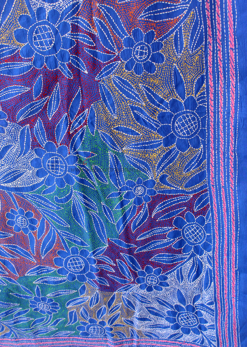 Blue Reverse Kantha Embroidered Silk Dupatta