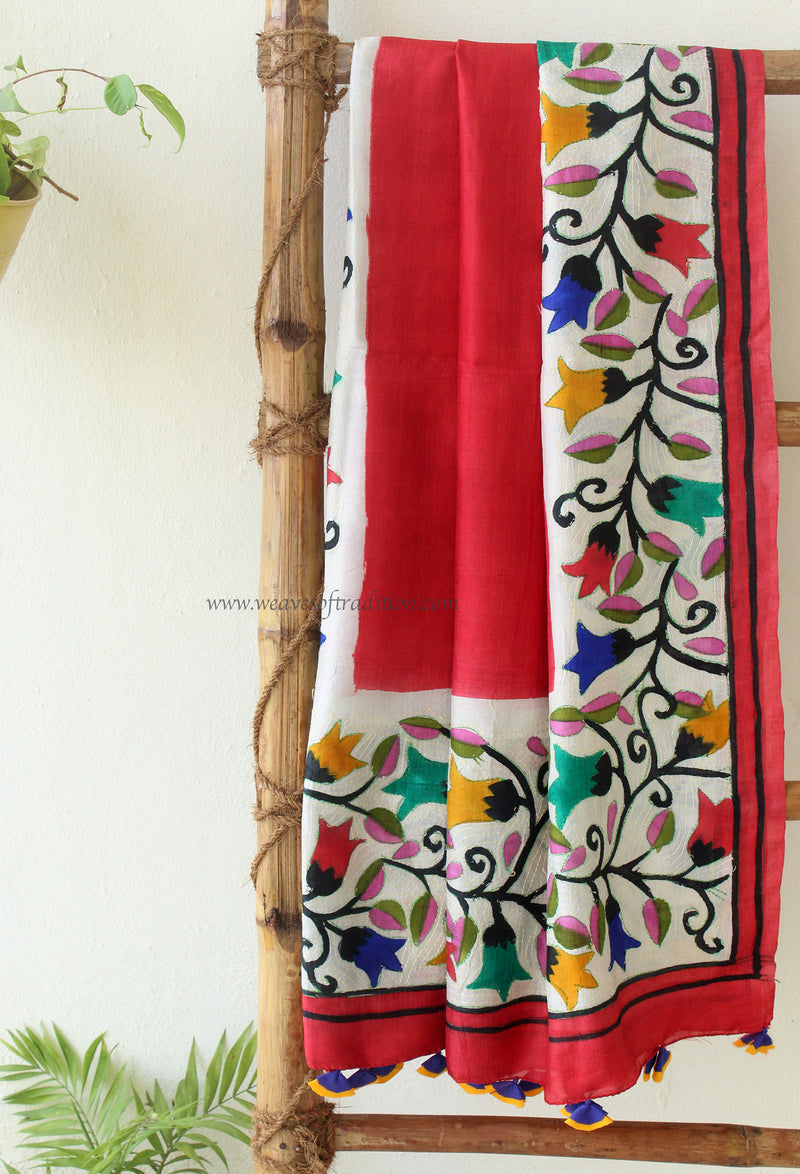 Red Kantha Embroidered Silk Dupatta