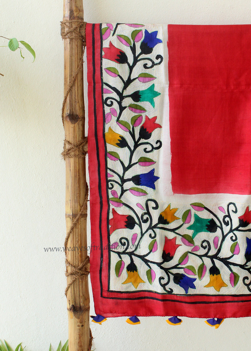 Red Kantha Embroidered Silk Dupatta