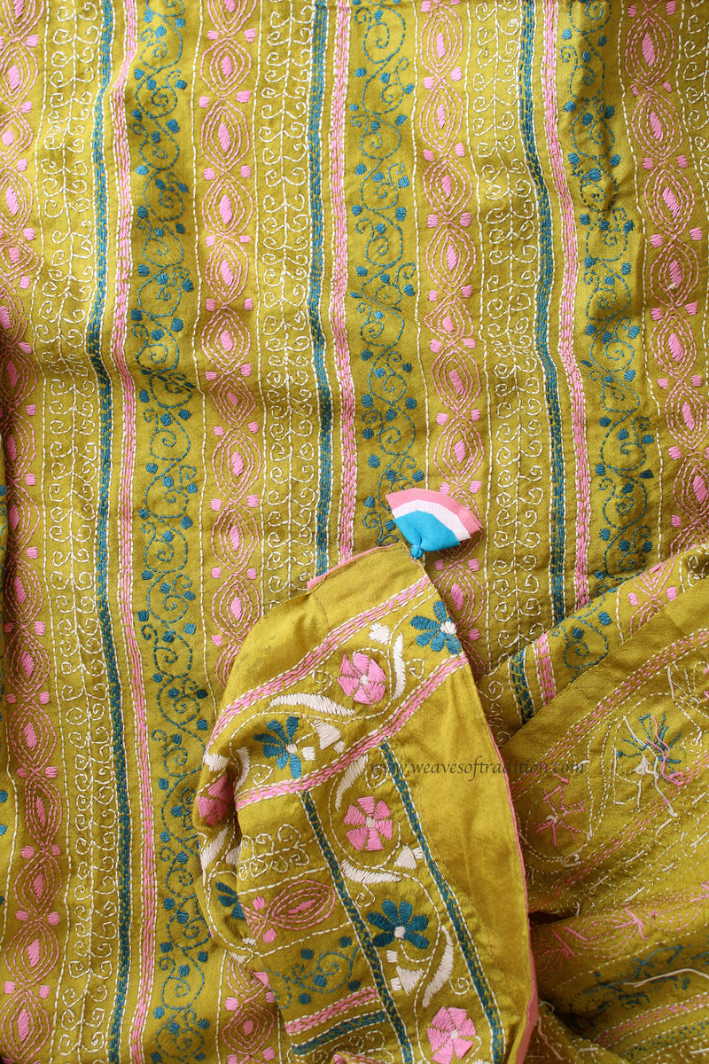Green Kantha Embroidered Silk Dupatta