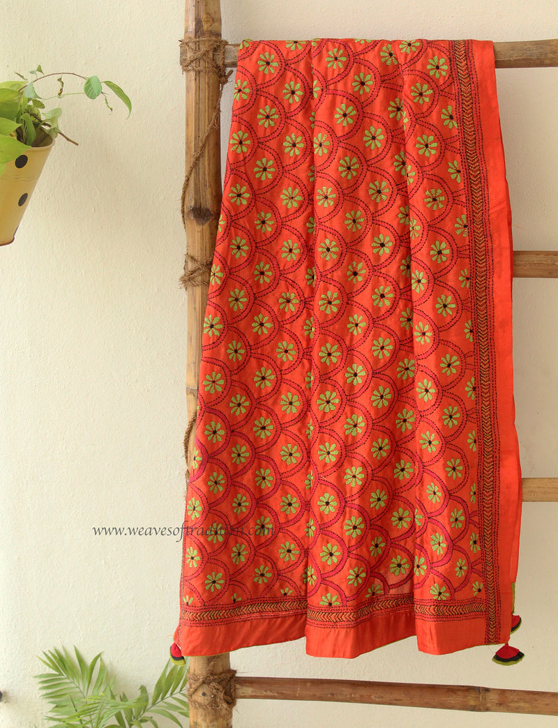 Orange Kantha Embroidered Silk Dupatta