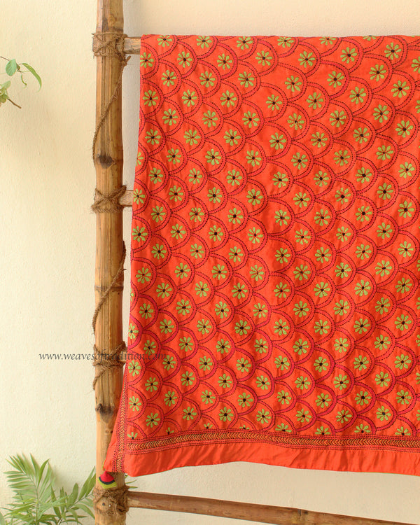 Orange Kantha Embroidered Silk Dupatta
