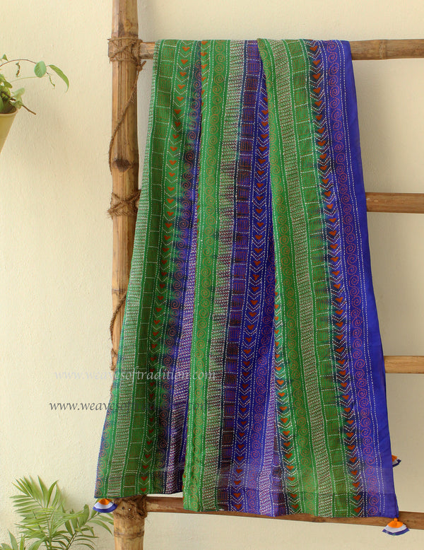 Multi-coloured Kantha Embroidered Silk Dupatta