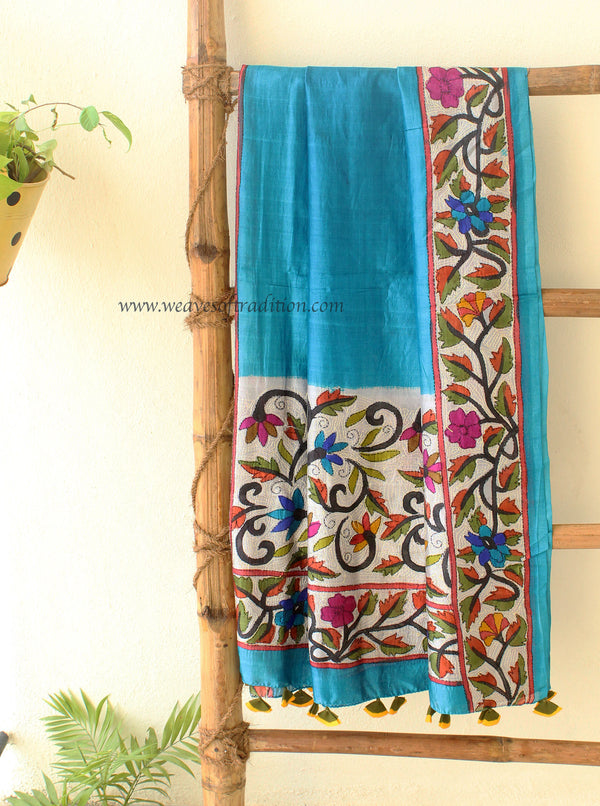 Blue Kantha Embroidered Silk Dupatta