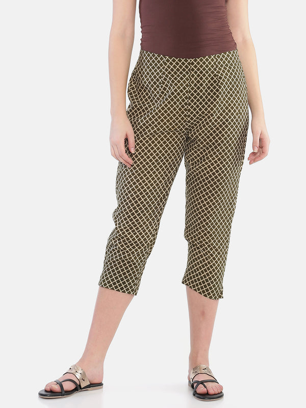 Khaki Naturally Dyed Cotton Hand Block Printed Cropped Cigarette Pants