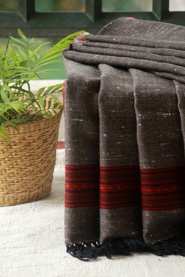 Brown and Black Dual Toned Kinnauri Handwoven Pure Wool Shawl/Lohi For Men