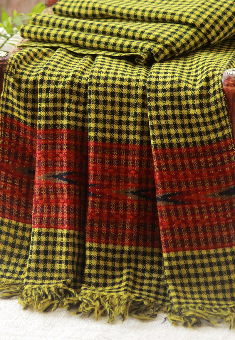 Yellow and Black Checks Kinnauri Handwoven Pure Wool Shawl