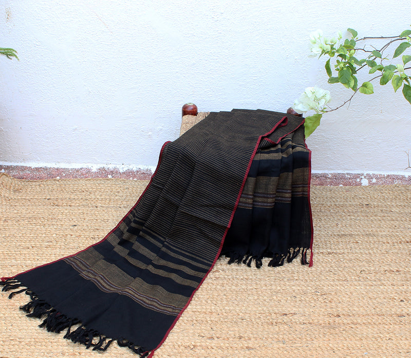Demure Strength | Black and Beige Striped Handloom Merino Wool Kumaoni Shawl