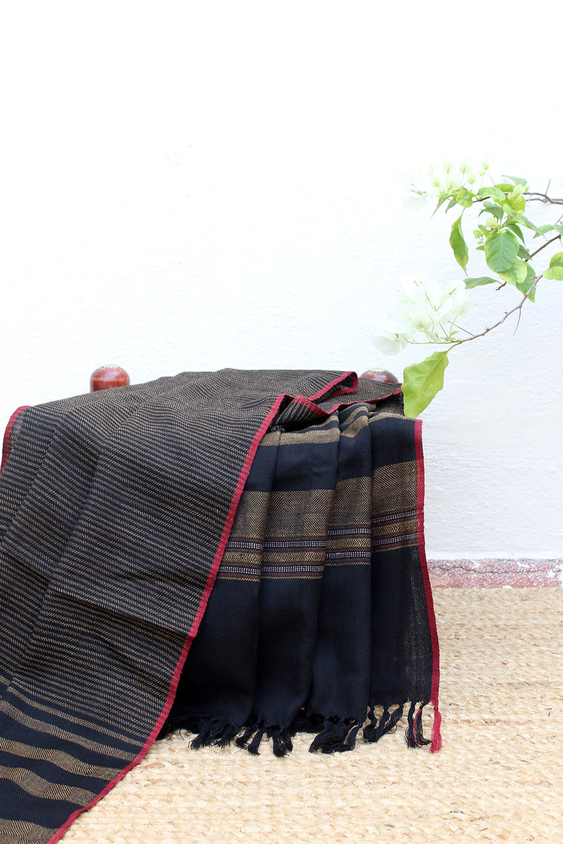 Demure Strength | Black and Beige Striped Handloom Merino Wool Kumaoni Shawl