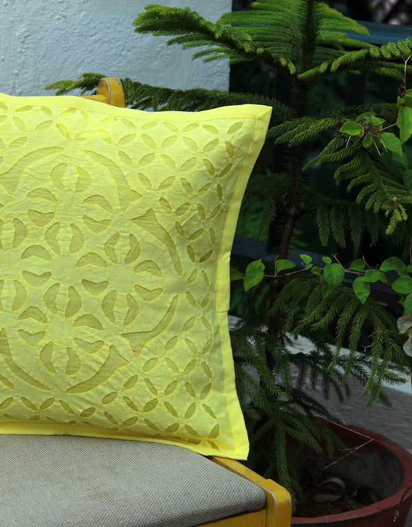 Yellow Applique Cotton Cushion Cover (16 inches x 16 inches)