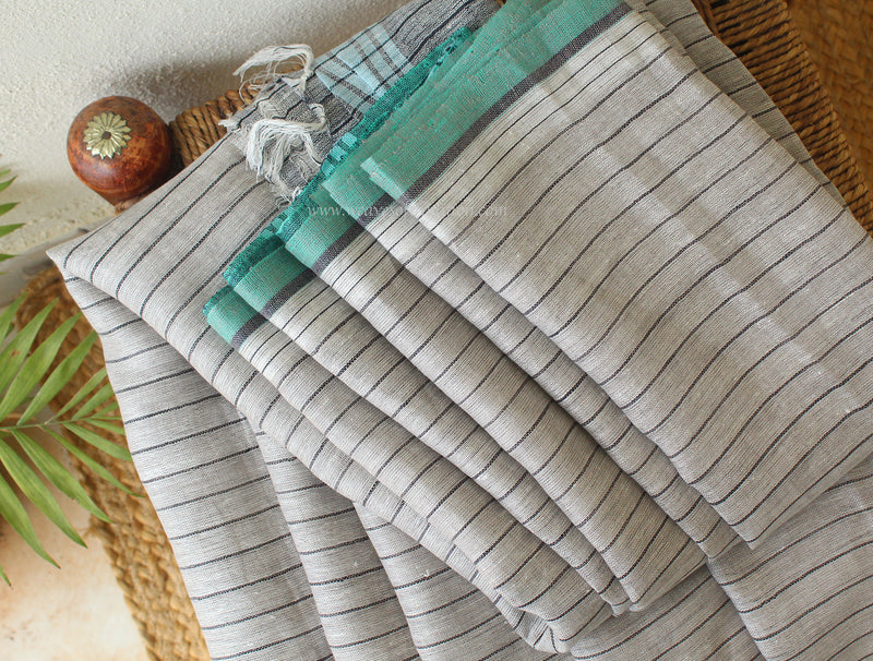 Light Grey Striped Linen Saree
