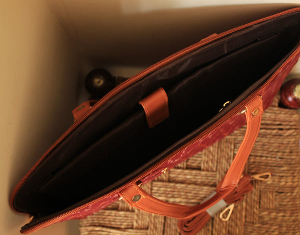 Maroon Handloom Ikkat Cotton Laptop Bag with Adjustable Belt