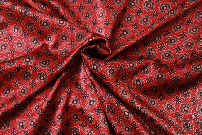 Red Ajrakh Hand Block Printed Mashru Silk Fabric