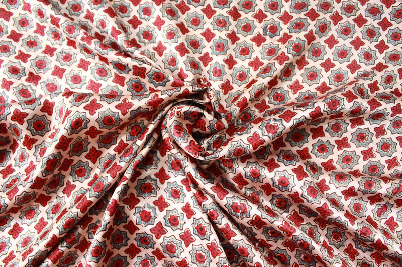 Off-White Ajrakh Hand Block Printed Mashru Silk Fabric