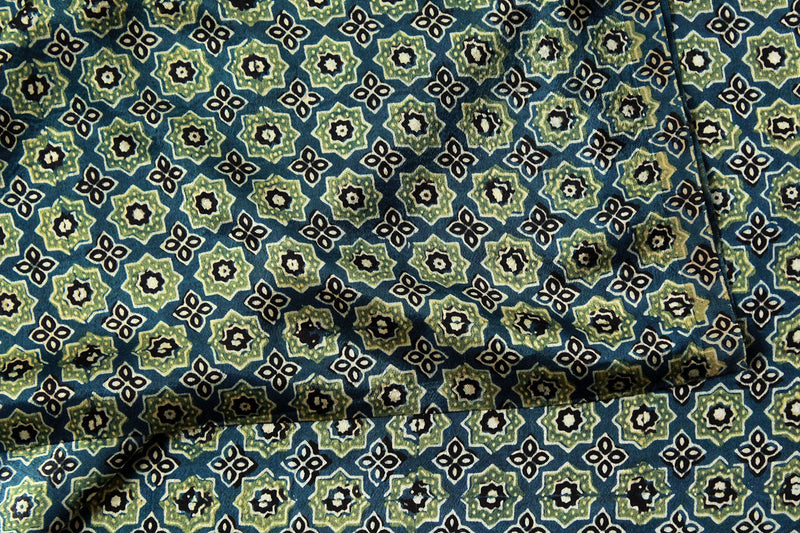Indigo Ajrakh Hand Block Printed Mashru Silk Fabric