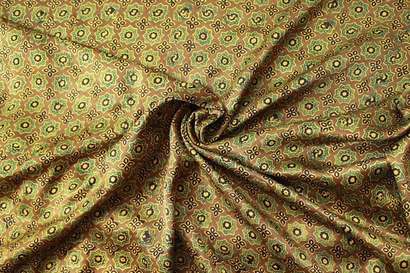 Mustard Ajrakh Hand Block Printed Mashru Silk Fabric