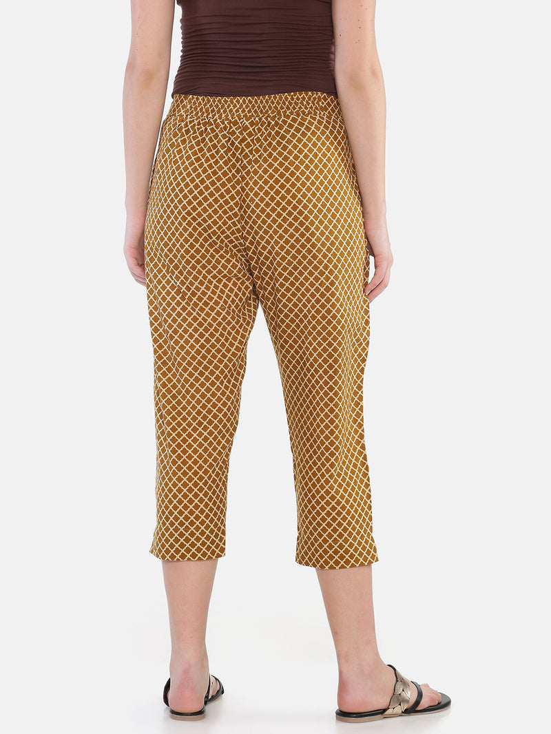 Mustard Naturally Dyed Cotton Hand Block Printed Cropped Cigarette Pants