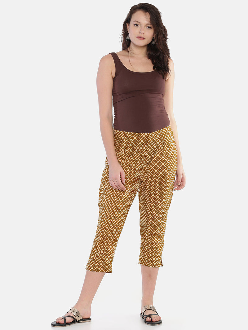 Mustard Naturally Dyed Cotton Hand Block Printed Cropped Cigarette Pants
