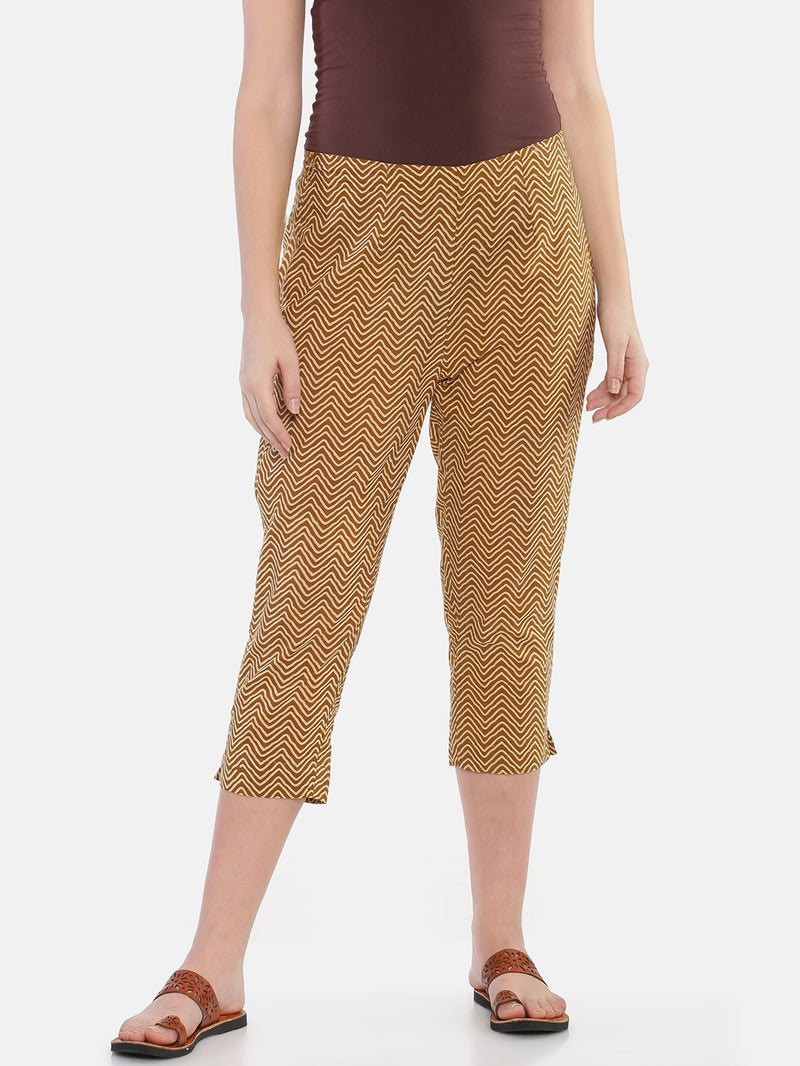 Mustard Naturally Dyed Cotton Chevron Hand Block Printed Cropped Cigarette Pants