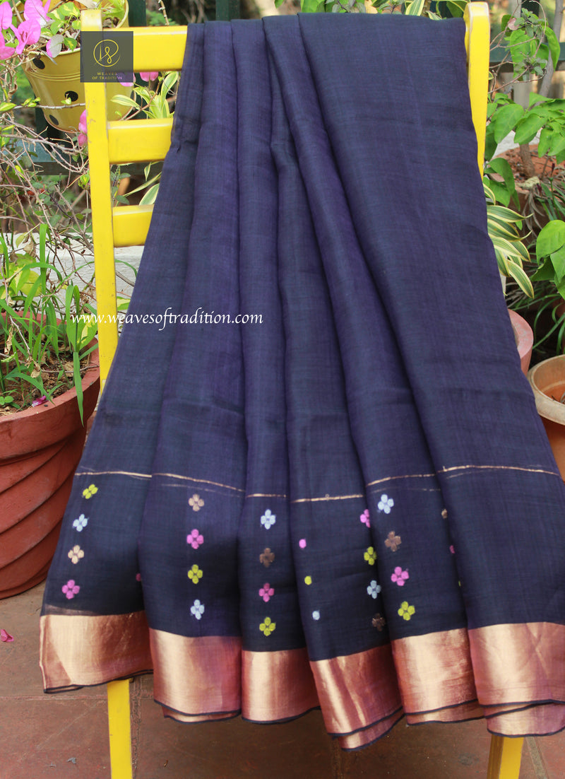 Navy Blue Cotton By Silk Jamdani Handspun and Handwoven Saree