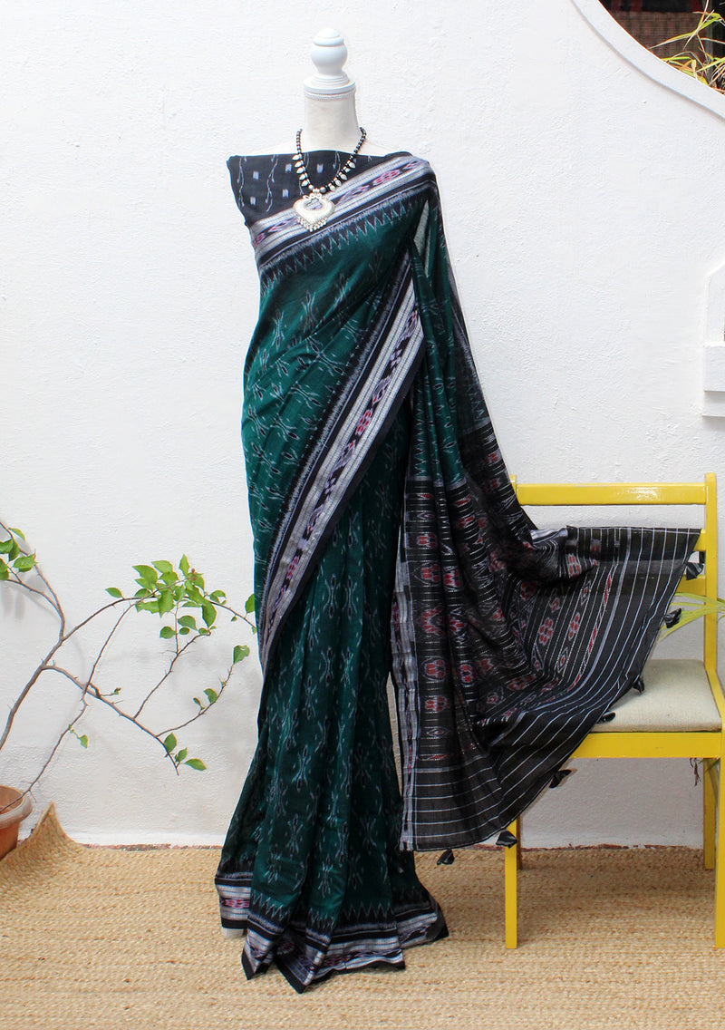 Green Odisha Ikkat Cotton Handloom Saree with Ikkat Blouse Piece