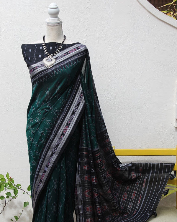 Green Odisha Ikkat Cotton Handloom Saree with Ikkat Blouse Piece