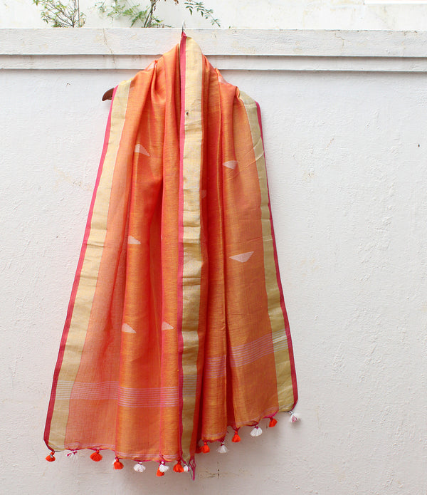 Yellow and Pink Dual Toned Handloom Linen Jamdani Dupatta with Zari Border