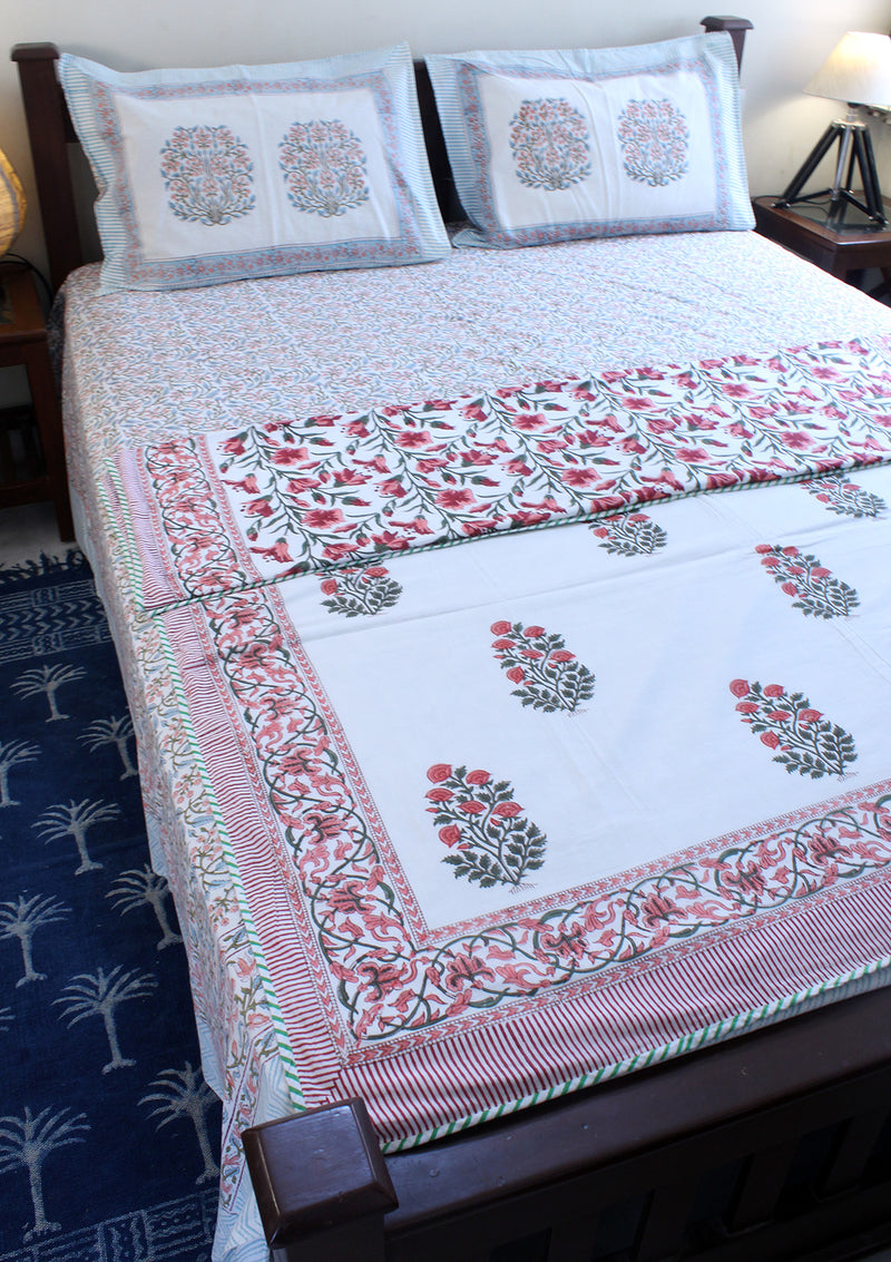 White and Pink Hand Block Printed Mul Mul Cotton Reversible Single Dohar