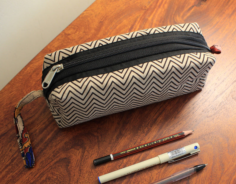 Black and White Hand Block Printed Cotton Pen Pouch