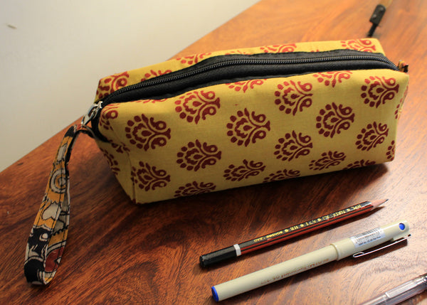 Yellow Hand Block Printed Cotton Pen Pouch