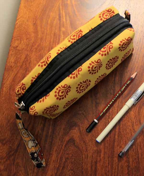 Yellow Hand Block Printed Cotton Pen Pouch