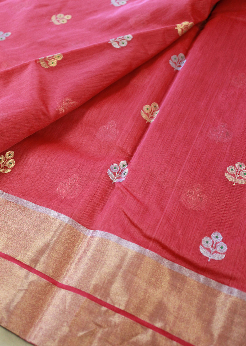 Peachish Pink Chanderi Handloom Cotton Silk Saree With Blouse Piece