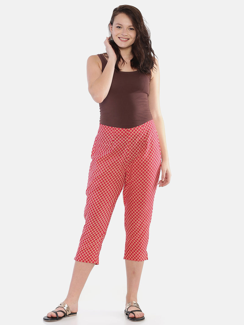 Pink Naturally Dyed Cotton Hand Block Printed Cropped Cigarette Pants