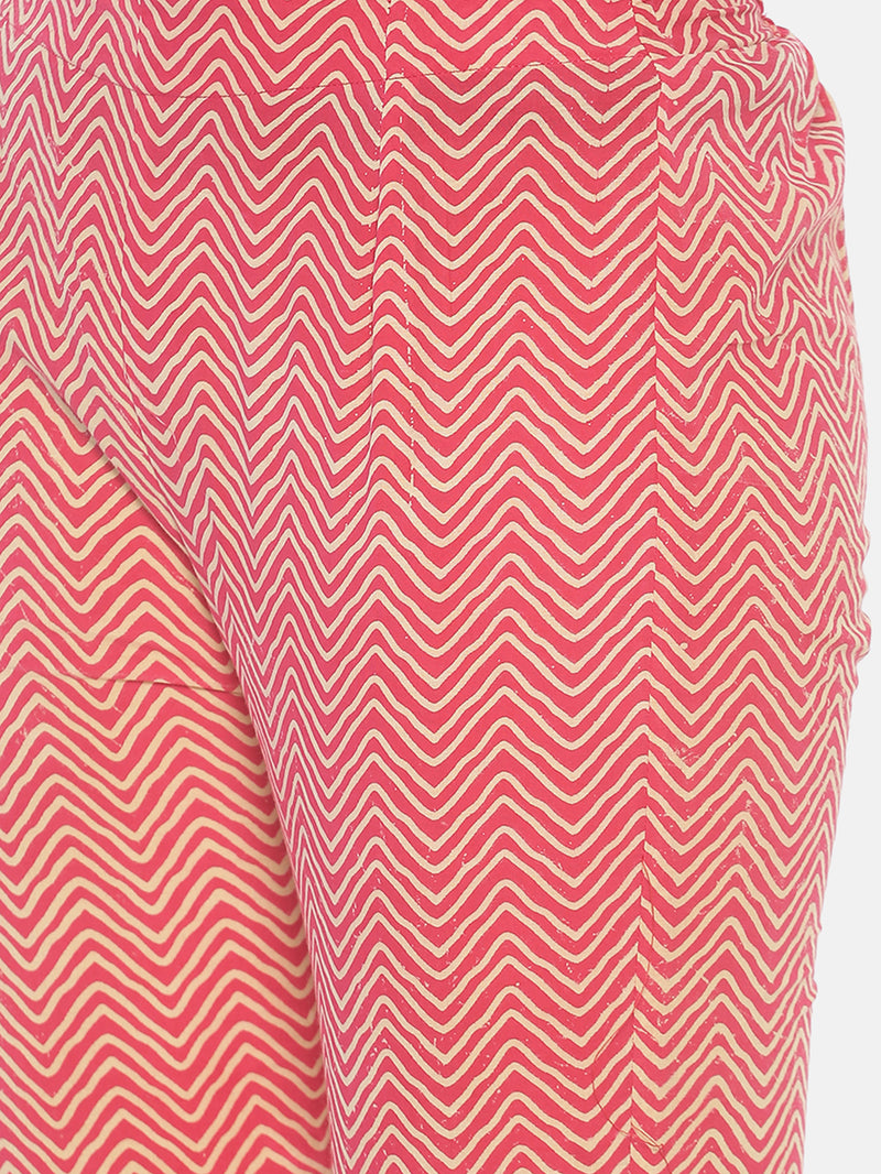Pink Naturally Dyed Cotton Chevron Hand Block Printed Cropped Cigarette Pants
