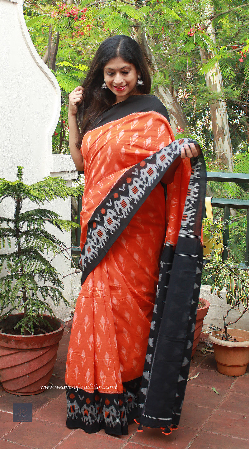Orange and Black Pochampally Ikkat Handloom Cotton Saree