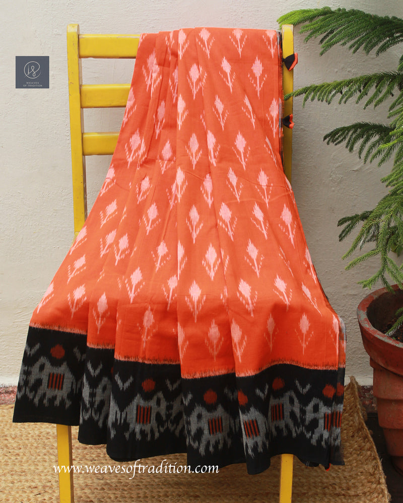 Orange and Black Pochampally Ikkat Handloom Cotton Saree