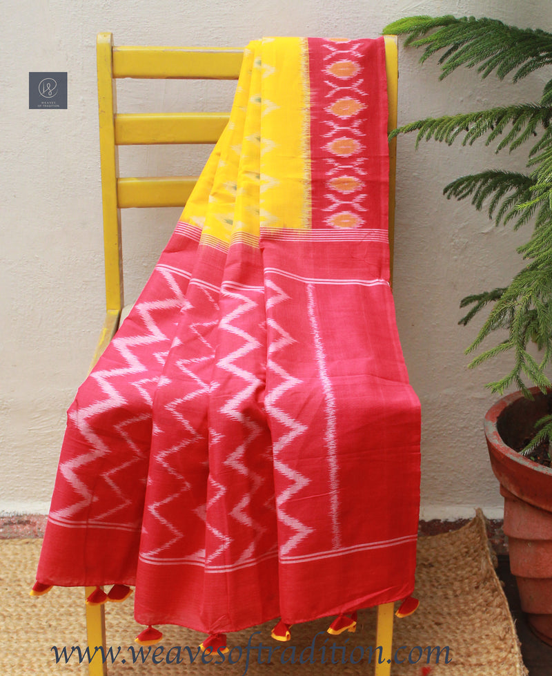 Yellow and Red Pochampally Single Ikkat Handloom Cotton Saree