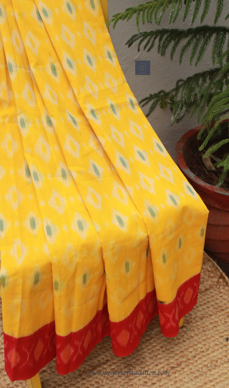 Yellow and Red Pochampally Single Ikkat Handloom Cotton Saree
