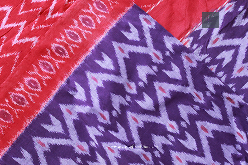 Purple and Red Pochampally Single Ikkat Handloom Cotton Saree